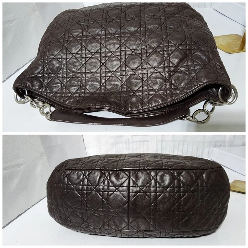 Authentic CHRISTIAN DIOR Cannage Quilted Lambskin Leather Soft Hobo Bag Brown